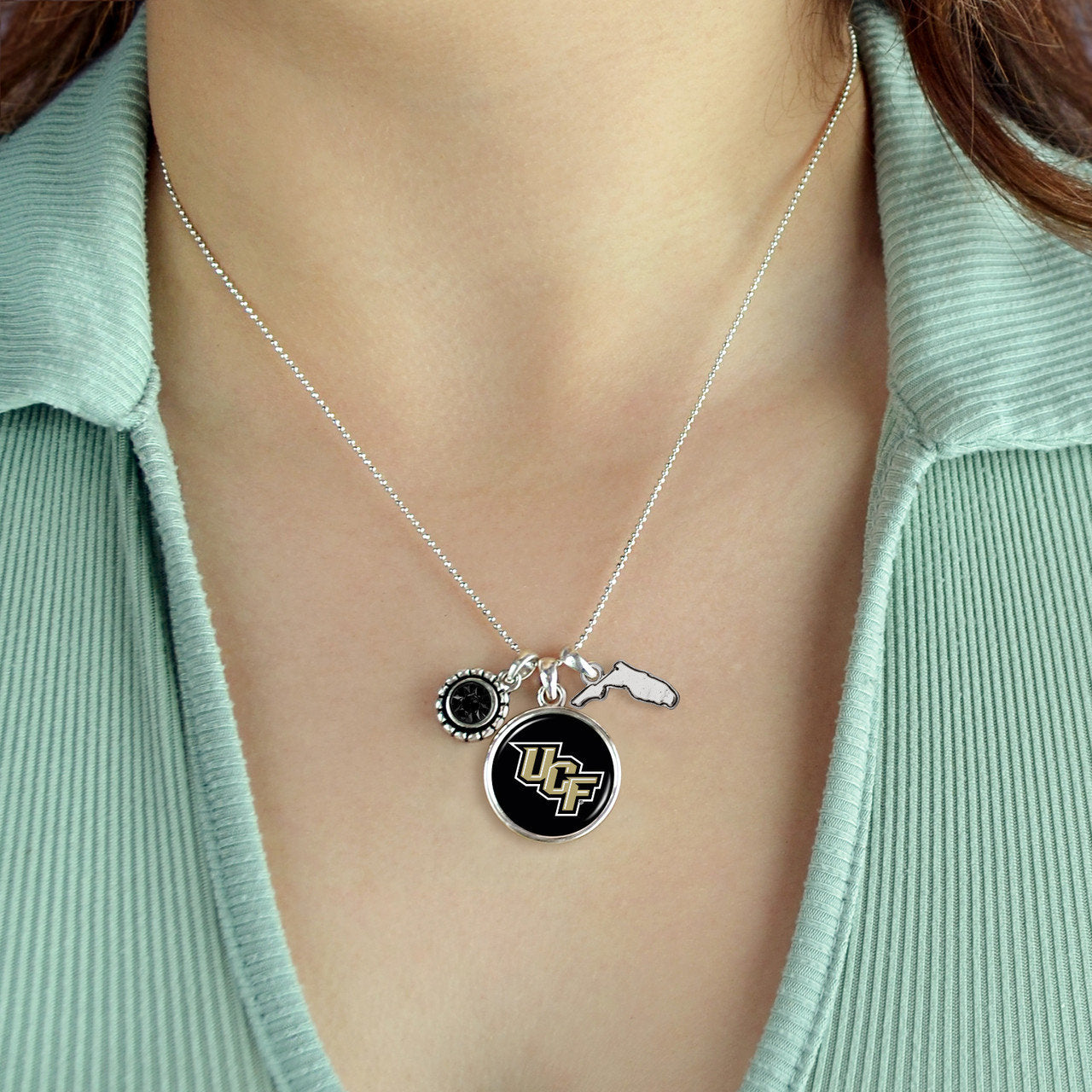 Officially Licensed CENTRAL FLORIDA KNIGHTS Necklace - Triple Charm Necklace with Crystal Florida State Pewter Charms Sterling Plated