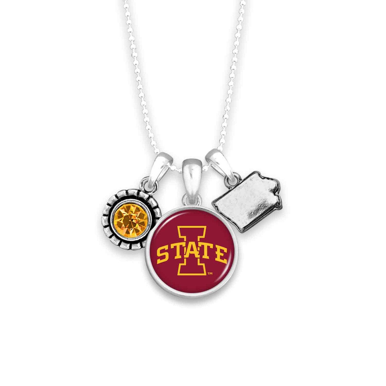 Officially Licensed IOWA STATE CYCLONES Necklace - Triple Charm Necklace with Crystal Iowa State Pewter Charms Sterling Plated