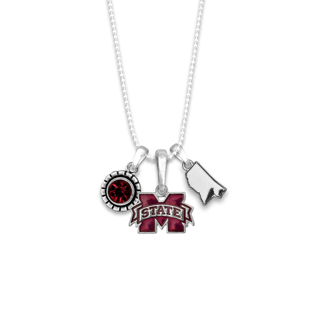 Officially Licensed MISSISSIPPI STATE BULLDOGS Necklace - Triple Charm Necklace with Crystal Mississippi State Pewter Charms Sterling Plated