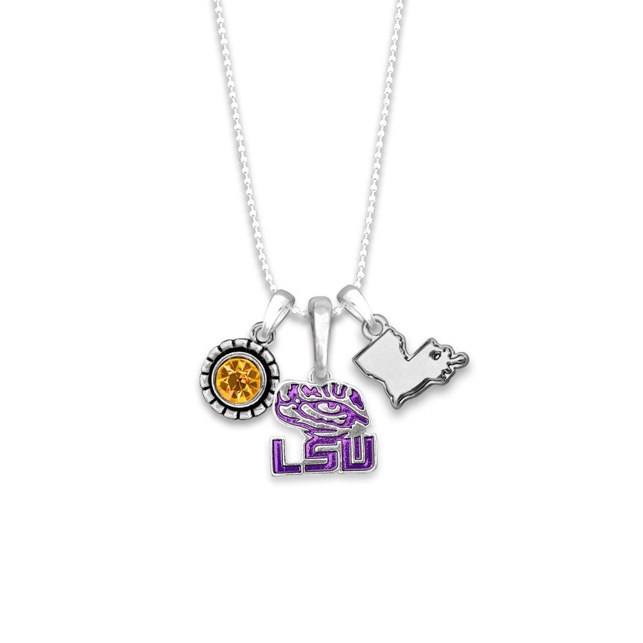 Officially Licensed LSU TIGERS Necklace - Triple Charm Necklace with Crystal Louisiana State Pewter Charms Sterling Plated