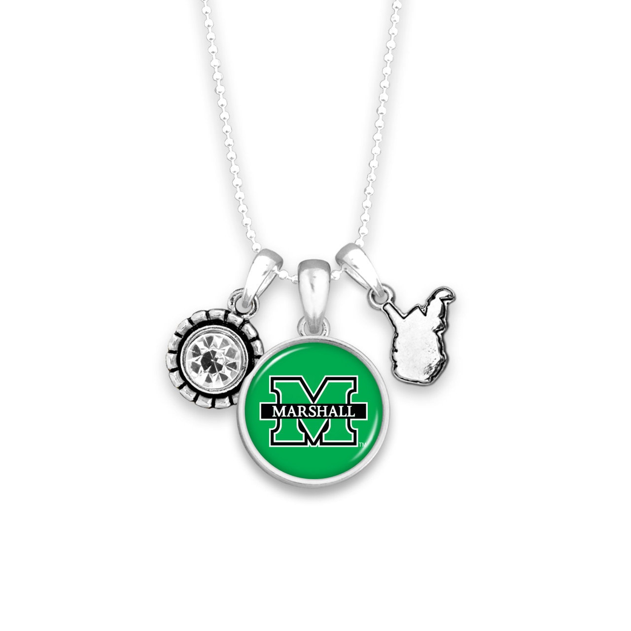 Officially Licensed MARSHALL THUNDERING HERD Necklace - Triple Charm Necklace with Crystal Louisiana State Pewter Charms Sterling Plated