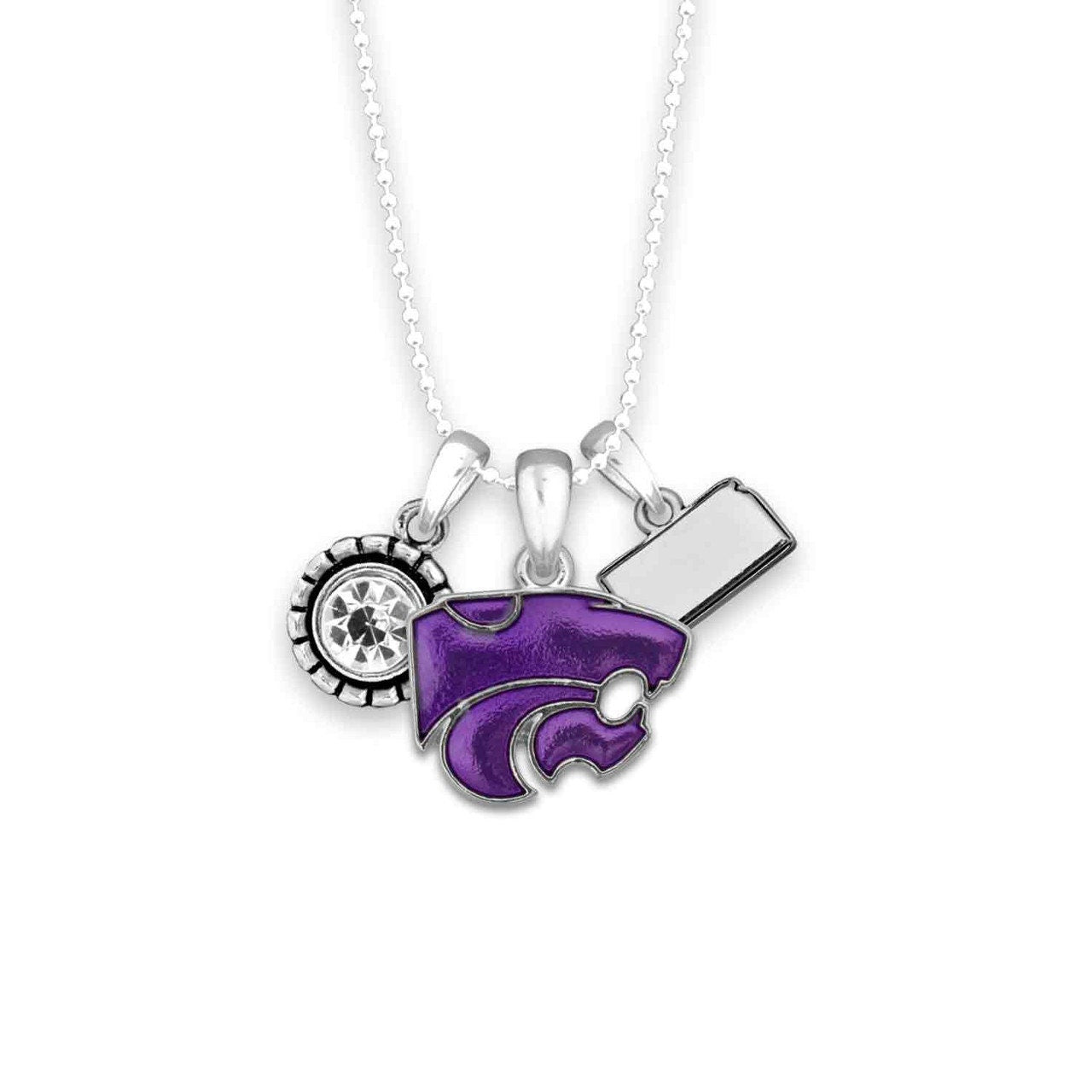Officially Licensed KANSAS STATE WILDCATS Necklace - Triple Charm Necklace with Crystal Kansas State Pewter Charms Sterling Plated