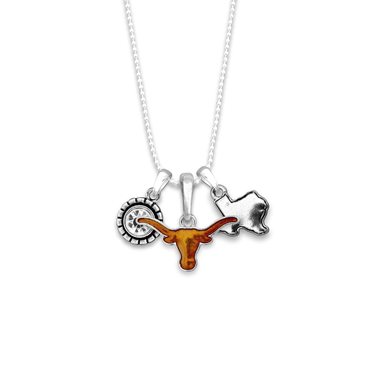 Officially Licensed TEXAS LONGHORNS Necklace - Triple Charm Necklace with Crystal Texas State Pewter Charms Sterling Plated