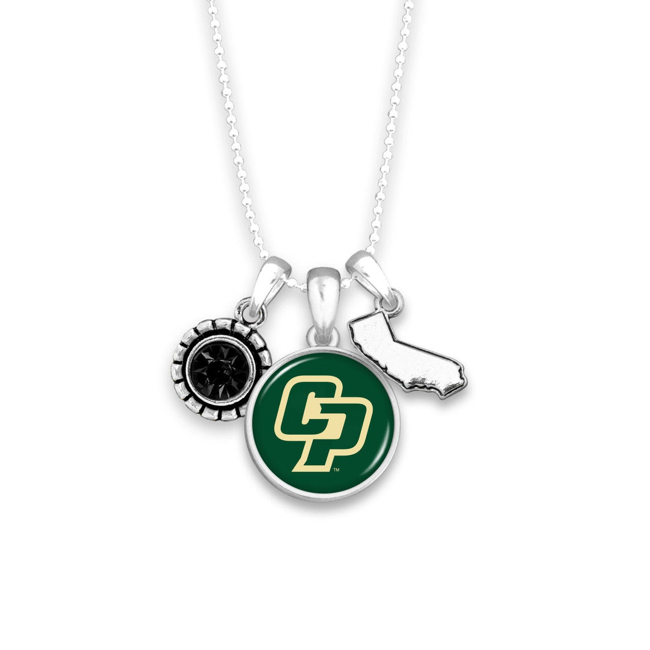 Officially Licensed CAL POLY MUSTANGS Necklace - Triple Charm Necklace with Crystal California State Pewter Charms Sterling Plated