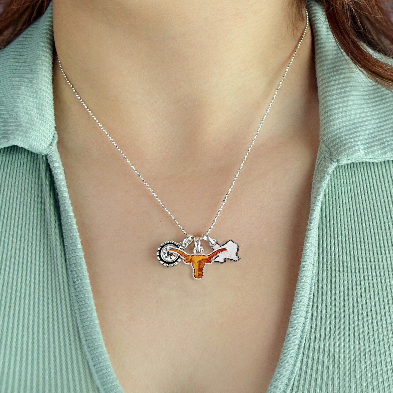 Officially Licensed TEXAS LONGHORNS Necklace - Triple Charm Necklace with Crystal Texas State Pewter Charms Sterling Plated