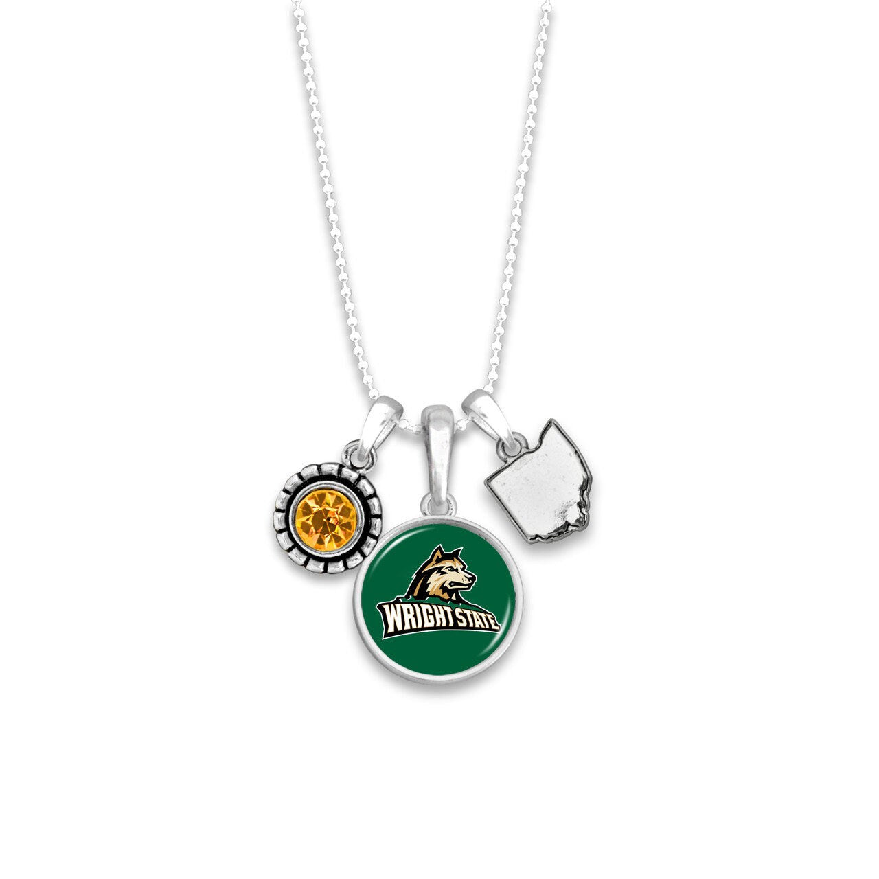 Officially Licensed WRIGHT STATE RAIDERS Necklace - Triple Charm Necklace with Crystal Ohio State Pewter Charms Sterling Plated