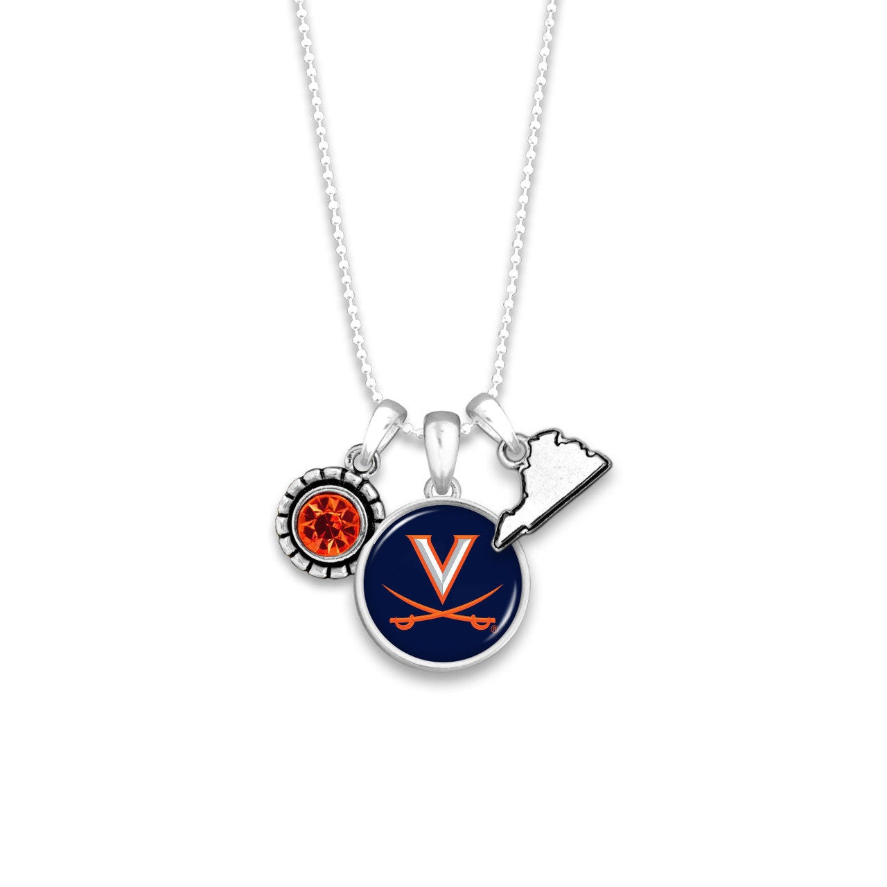Officially Licensed VIRGINIA CAVALIERS Necklace - Triple Charm Necklace with Crystal Virginia State Pewter Charms Sterling Plated