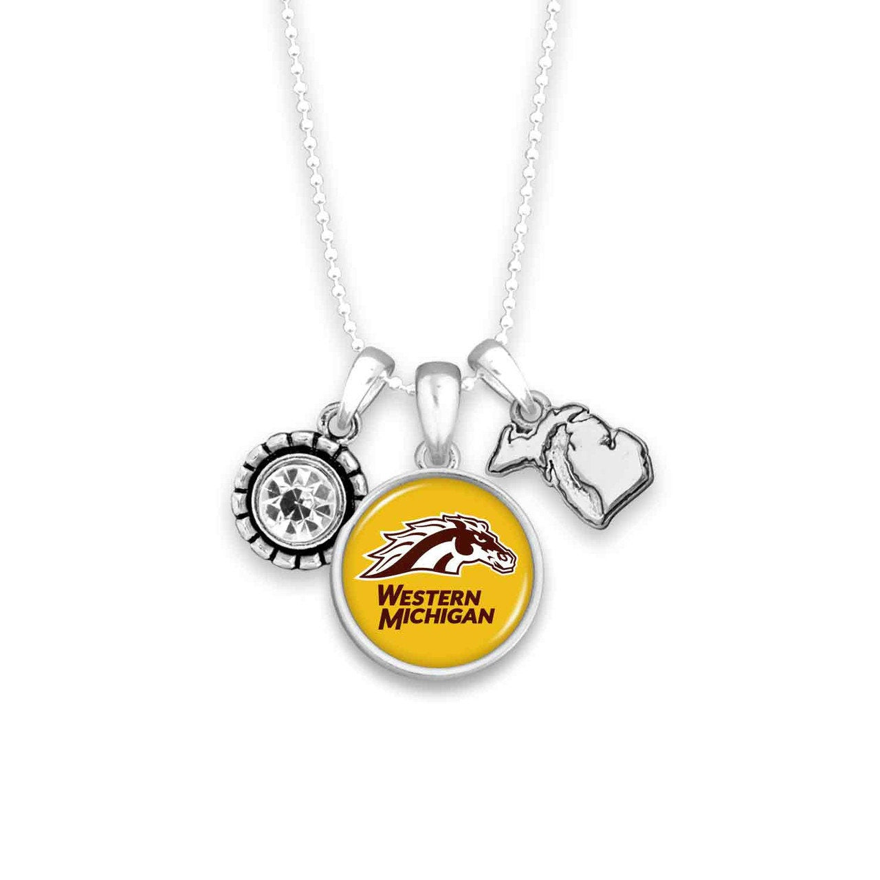 Officially Licensed WESTERN MICHIGAN BRONCOS Necklace - Triple Charm Necklace with Crystal Michigan State Pewter Charms Sterling Plated