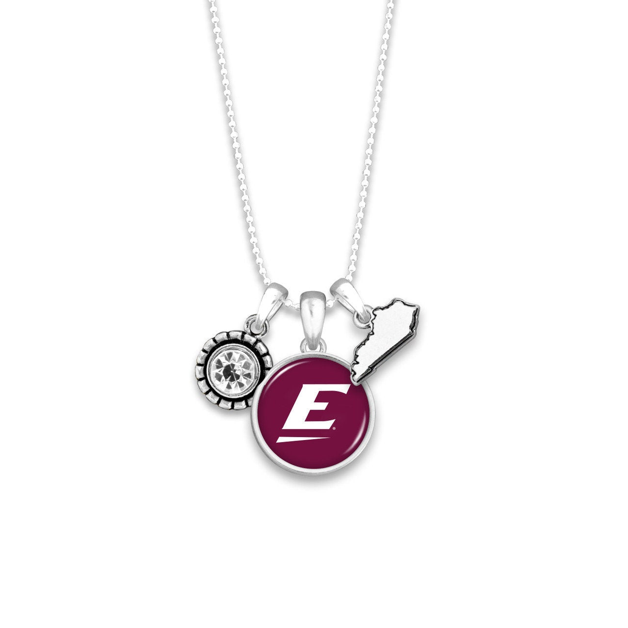 Officially Licensed EASTERN KENTUCKY COLONELS Necklace- Triple Charm Necklace with Crystal Kentucky State Pewter Charms Sterling Plated
