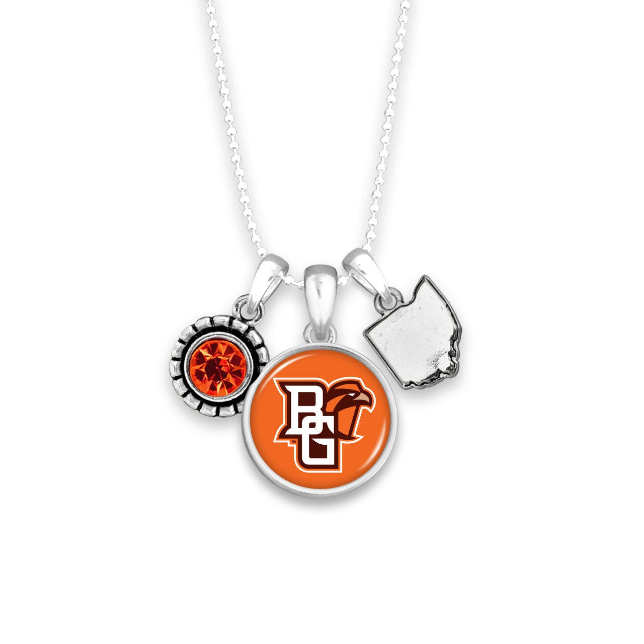 Officially Licensed BOWLING GREEN STATE Falcons Necklace - Triple Charm Necklace with Crystal Ohio State Pewter Charms Sterling Plated