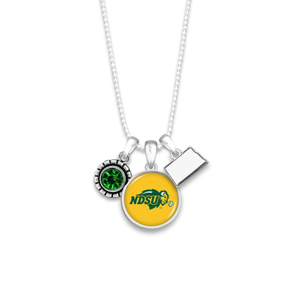 Officially Licensed NORTH DAKOTA STATE Bison Necklace - Triple Charm Necklace with Crystal North Dakota State Pewter Charms Sterling Plated