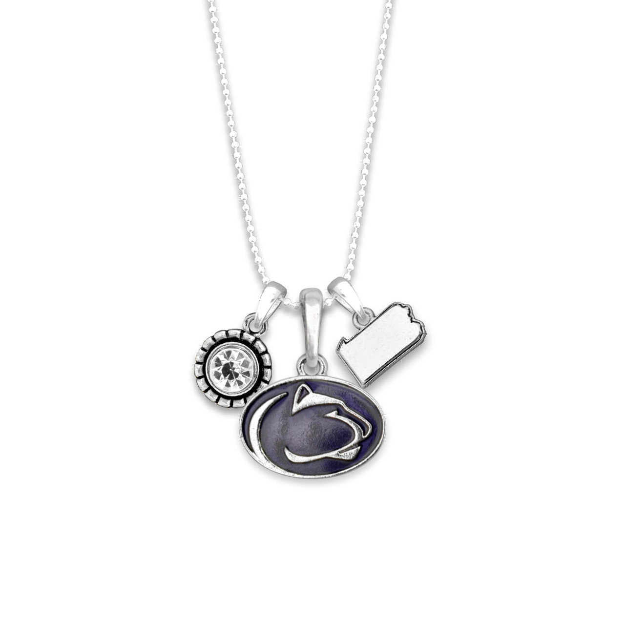 Officially Licensed PENN STATE Nittany Lions Necklace - Triple Charm Necklace with Crystal Pennsylvania State Pewter Charms Sterling Plated