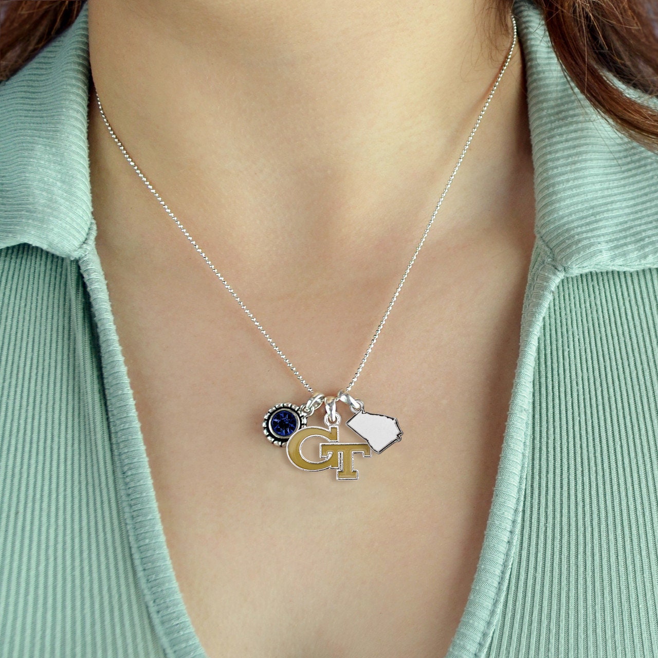Officially Licensed GEORGIA TECH Yellow Jackets Necklace - Triple Charm Necklace with Crystal Georgia State Pewter Charms Sterling Plated