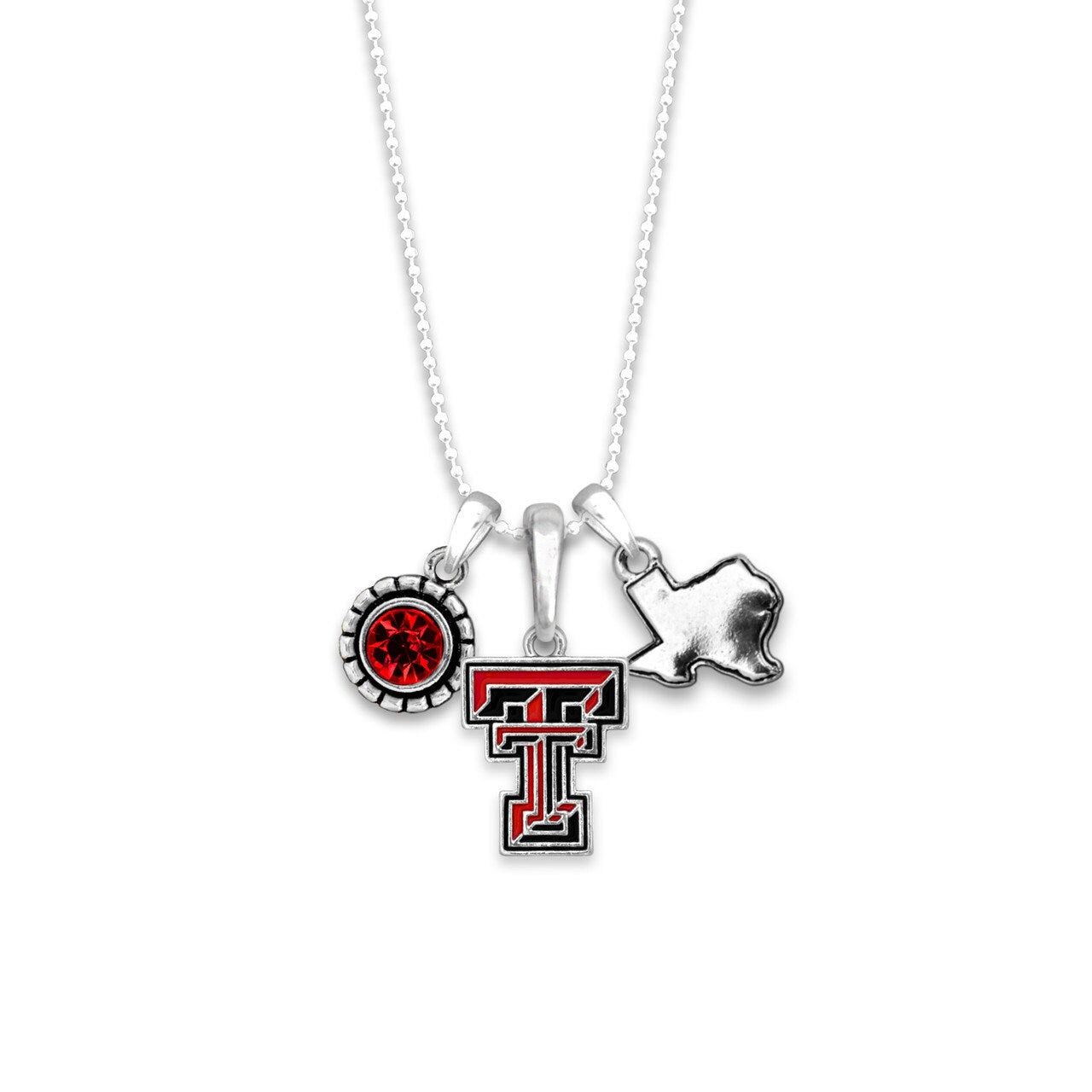 Officially Licensed TEXAS TECH Red Raiders Necklace - Triple Charm Necklace with Crystal Texas State Pewter Charms Sterling Plated