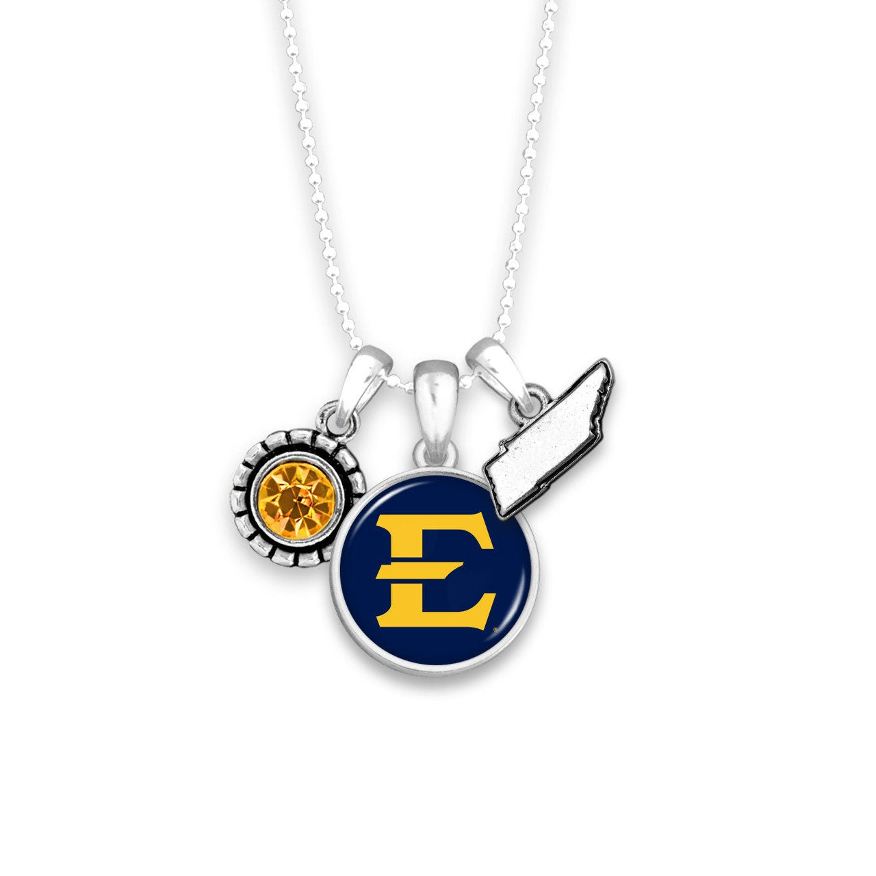 Officially Licensed EAST TENNESSEE BUCCANEERS Necklace - Triple Charm Necklace with Crystal Tennessee State Pewter Charms Sterling Plated