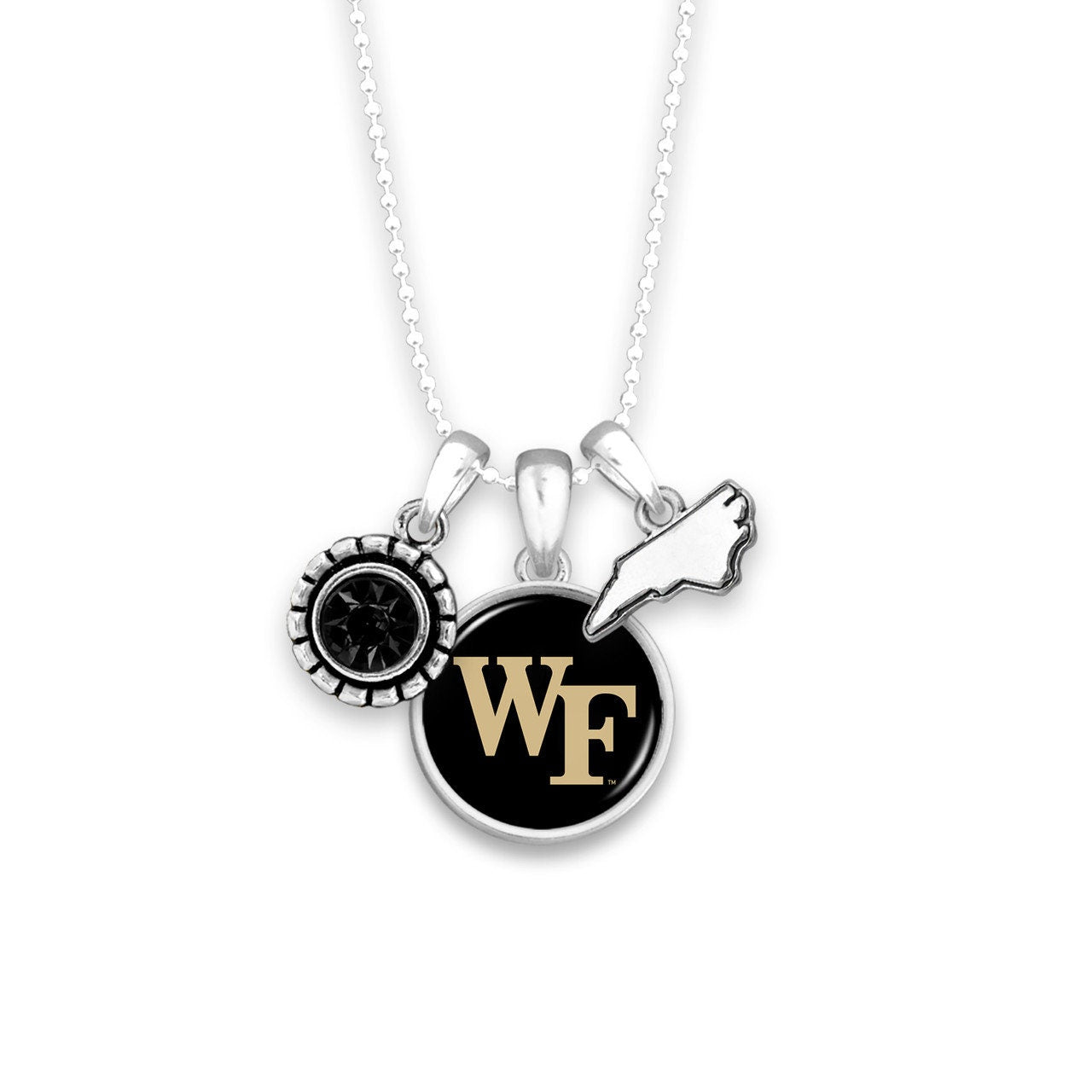 Officially Licensed WAKE FOREST Demon Deacons Necklace - Triple Charm Necklace Crystal North Carolina State Pewter Charms Sterling Plated