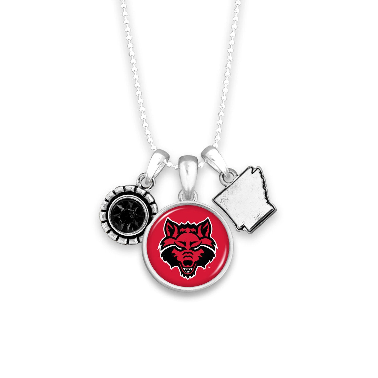 Officially Licensed ARKANSAS STATE Red Wolves Necklace - Triple Charm Necklace with Crystal Arkansas State Pewter Charms Sterling Plated