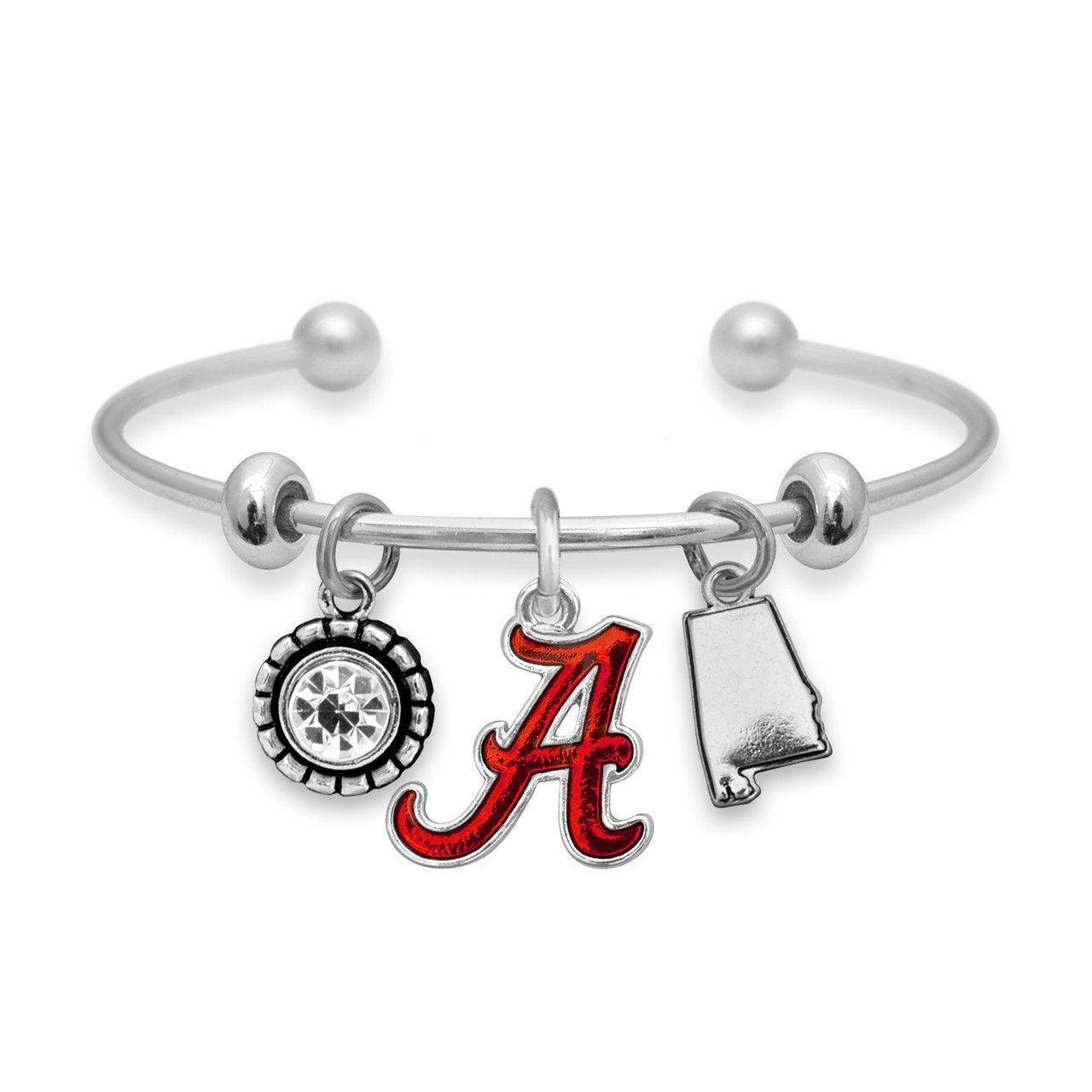 Officially Licensed ALABAMA CRIMSON TIDE Bracelet - Triple Charm Bracelet with Crystal Alabama State Pewter Charms Sterling Plated