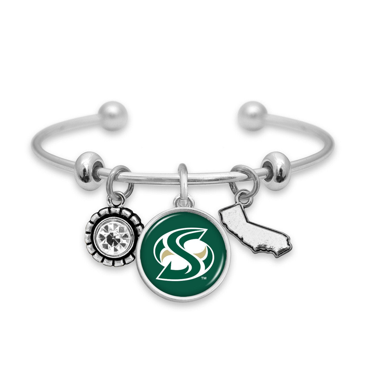 Officially Licensed SACRAMENTO HORNETS Bracelet - Triple Charm Bracelet with Crystal California State Pewter Charms Sterling Plated