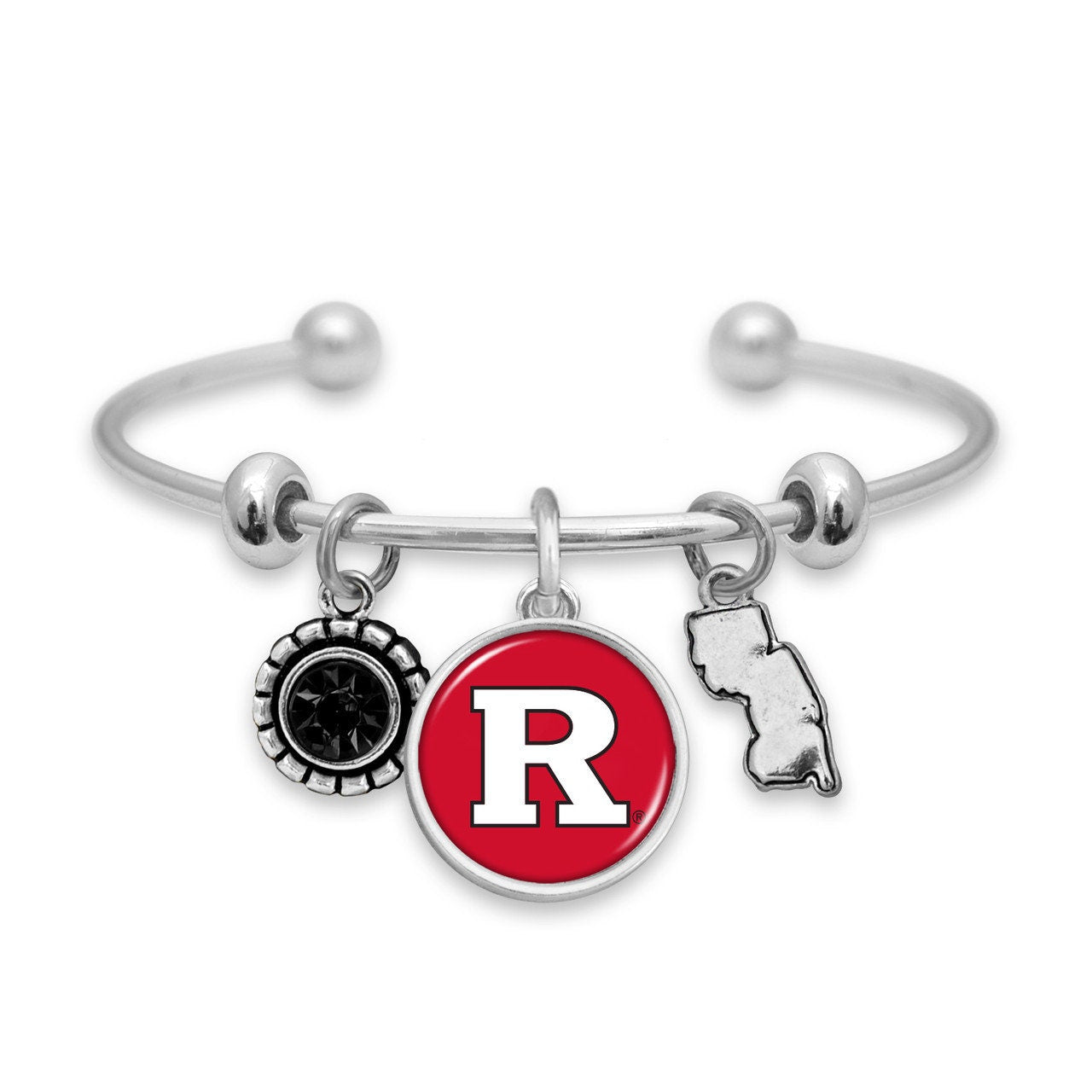 Officially Licensed RUTGERS SCARLET KNIGHTS Bracelet - Triple Charm Bracelet with Crystal New Jersey State Pewter Charms Sterling Plated
