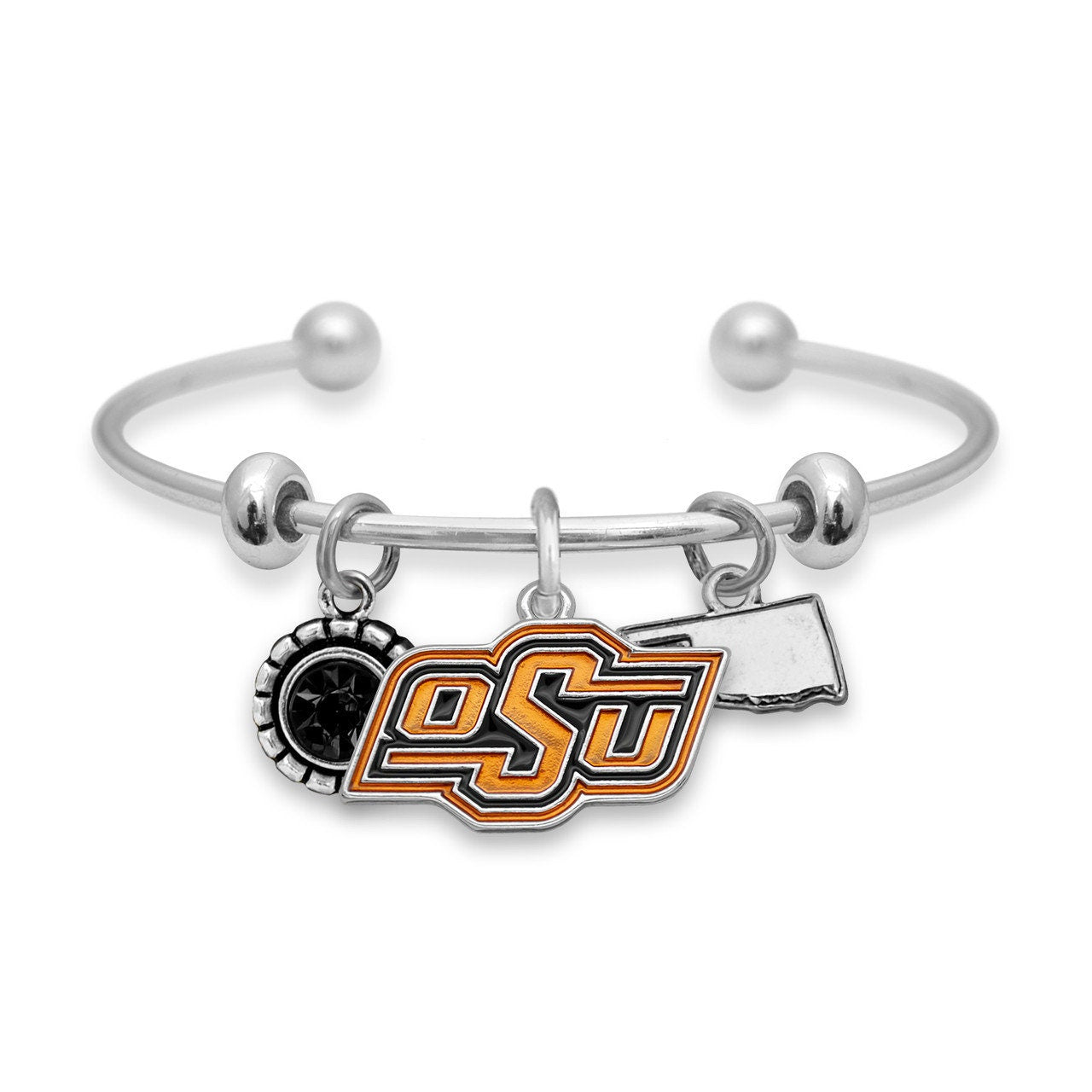 Officially Licensed OKLAHOMA STATE COWBOYS Bracelet - Triple Charm Bracelet with Crystal Oklahoma State Pewter Charms Sterling Plated