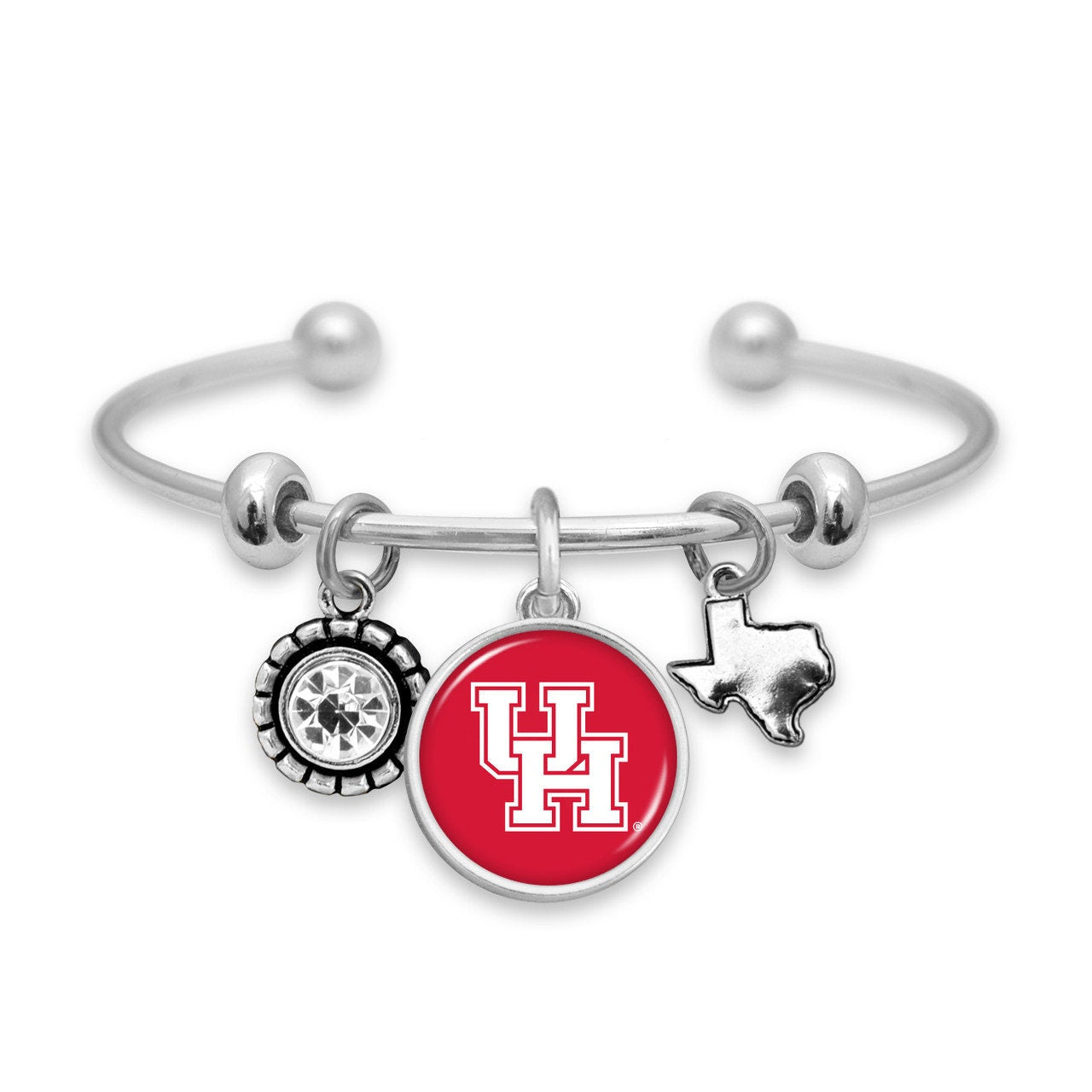 Officially Licensed HOUSTON COUGARS Bracelet - Triple Charm Bracelet with Crystal Texas State Pewter Charms Sterling Plated