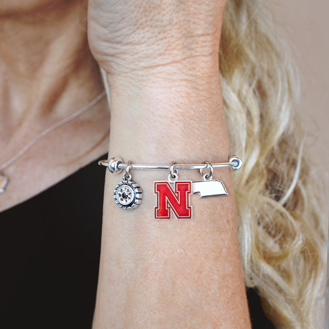 Officially Licensed NEBRASKA CORNHUSKERS Bracelet - Triple Charm Bracelet with Crystal Nebraska State Pewter Charms Sterling Plated