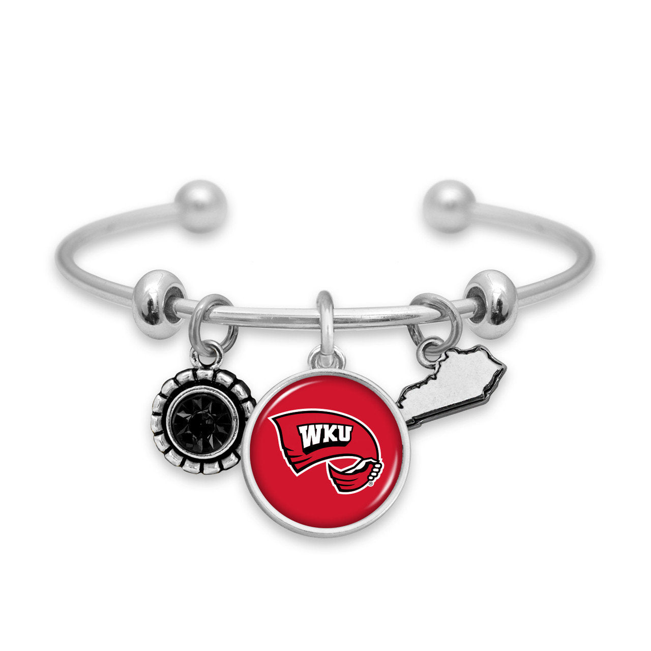 Officially Licensed WESTERN KENTUCKY HILLTOPPERS Bracelet - Triple Charm Bracelet with Crystal Kentucky State Pewter Charms Sterling Plated