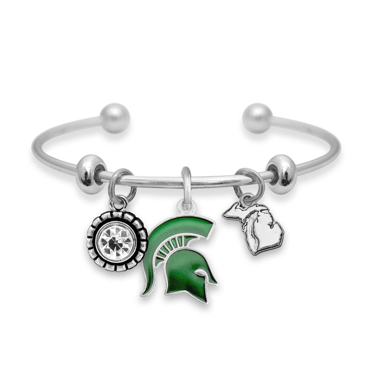 Officially Licensed MICHIGAN STATE SPARTANS Bracelet - Triple Charm Bracelet with Crystal Michigan State Pewter Charms Sterling Plated