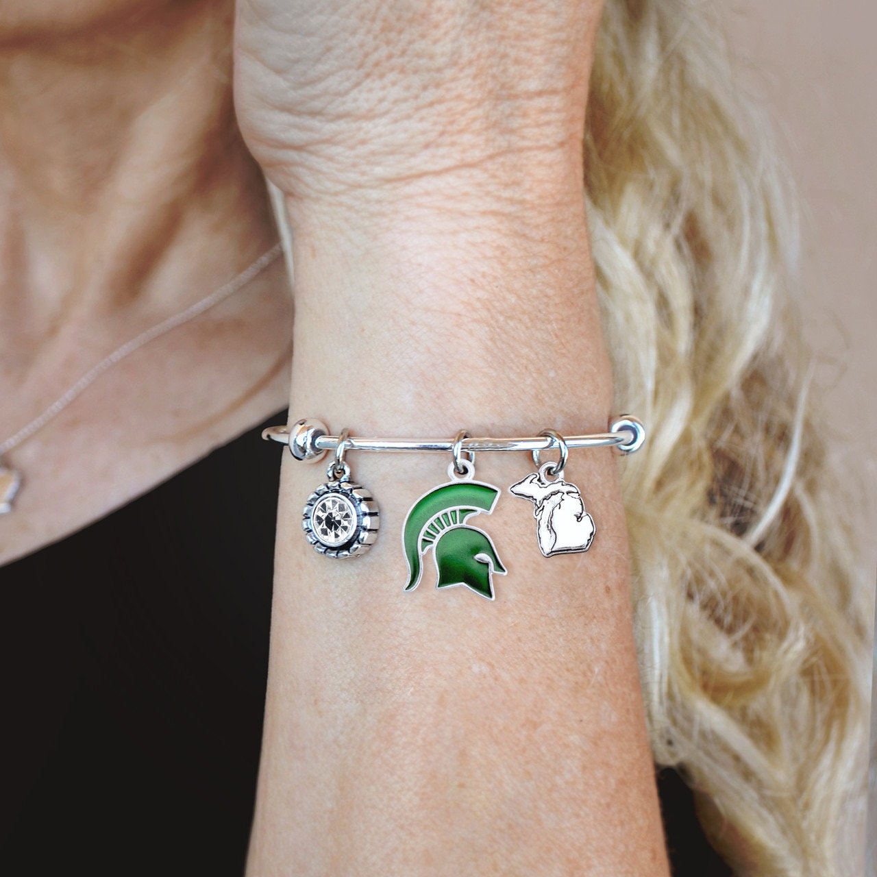 Officially Licensed MICHIGAN STATE SPARTANS Bracelet - Triple Charm Bracelet with Crystal Michigan State Pewter Charms Sterling Plated
