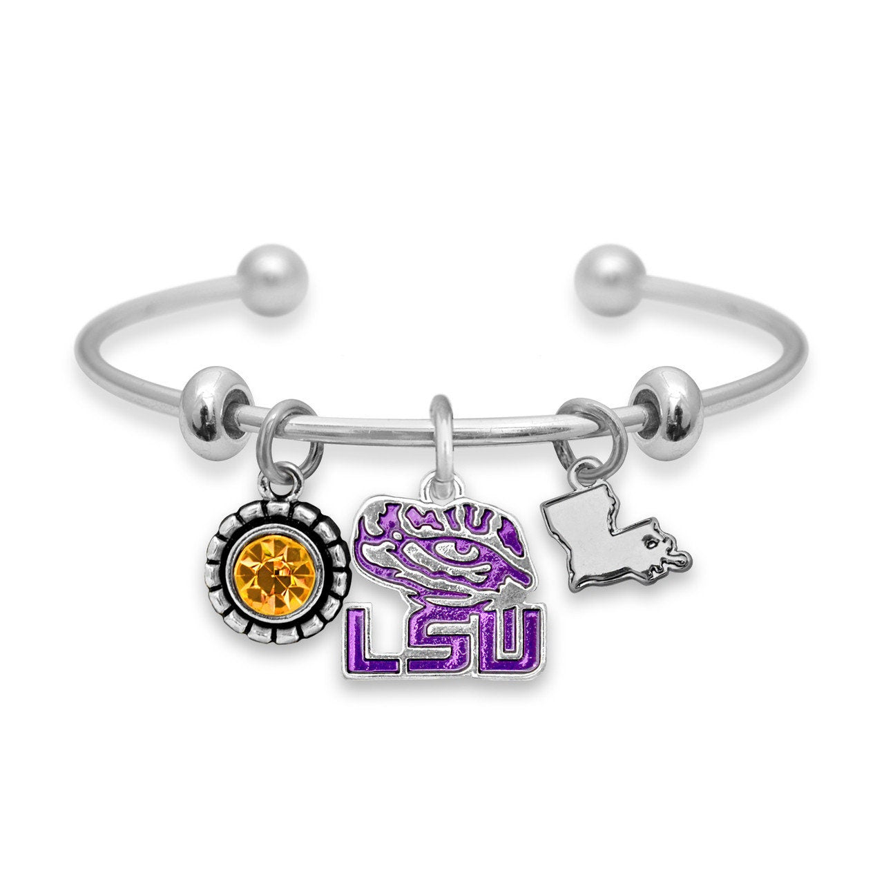 Officially Licensed LSU TIGERS Bracelet - Triple Charm Bracelet with Crystal Louisiana State Pewter Charms Sterling Plated