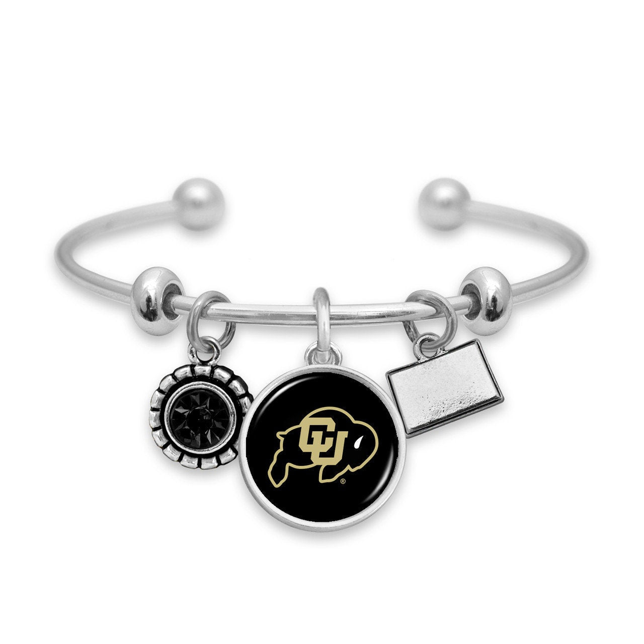 Officially Licensed COLORADO BUFFALOES Bracelet - Triple Charm Bracelet with Crystal Colorado State Pewter Charms Sterling Plated