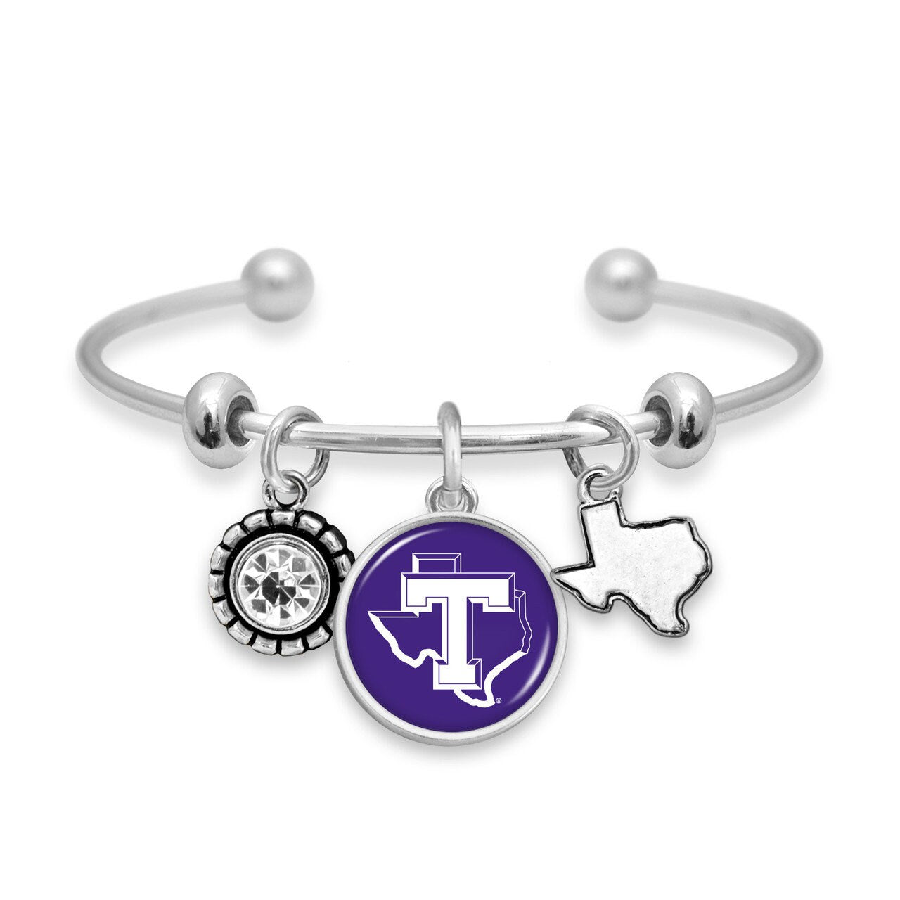 Officially Licensed TARLETON STATE TEXANS Bracelet - Triple Charm Bracelet with Crystal Texas State Pewter Charms Sterling Plated