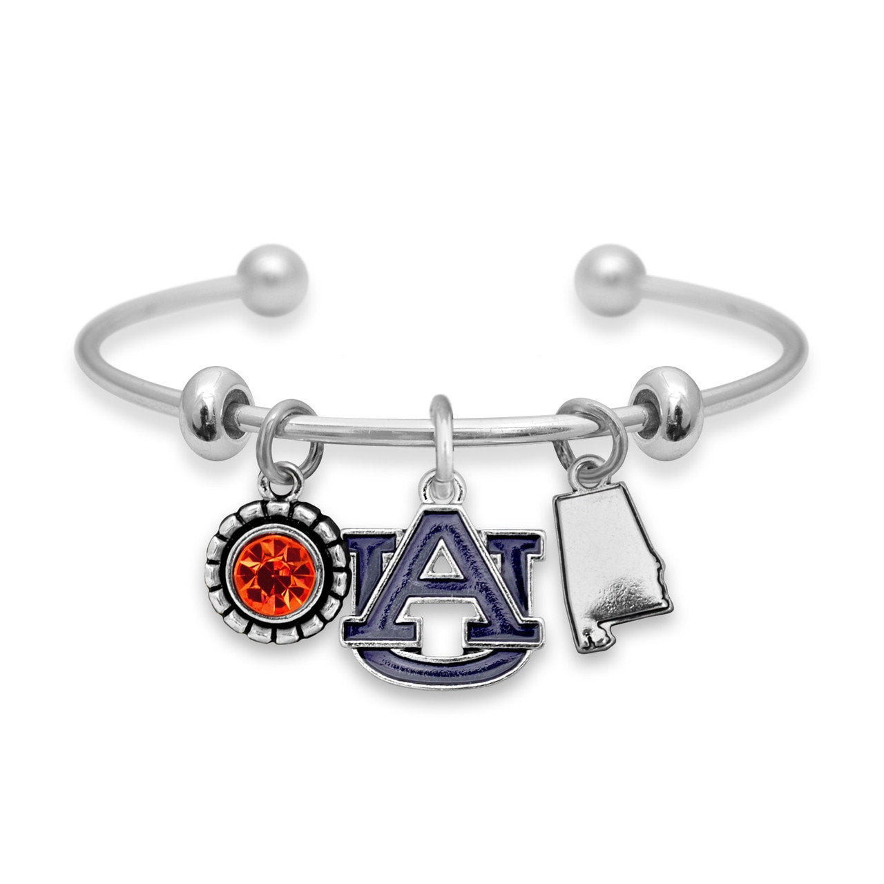Officially Licensed AUBURN TIGERS Bracelet - Triple Charm Bracelet with Crystal Alabama State Pewter Charms Sterling Plated