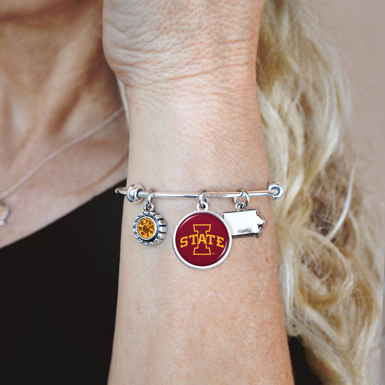 Officially Licensed IOWA CYCLONES Bracelet - Triple Charm Bracelet with Crystal Iowa State Pewter Charms Sterling Plated