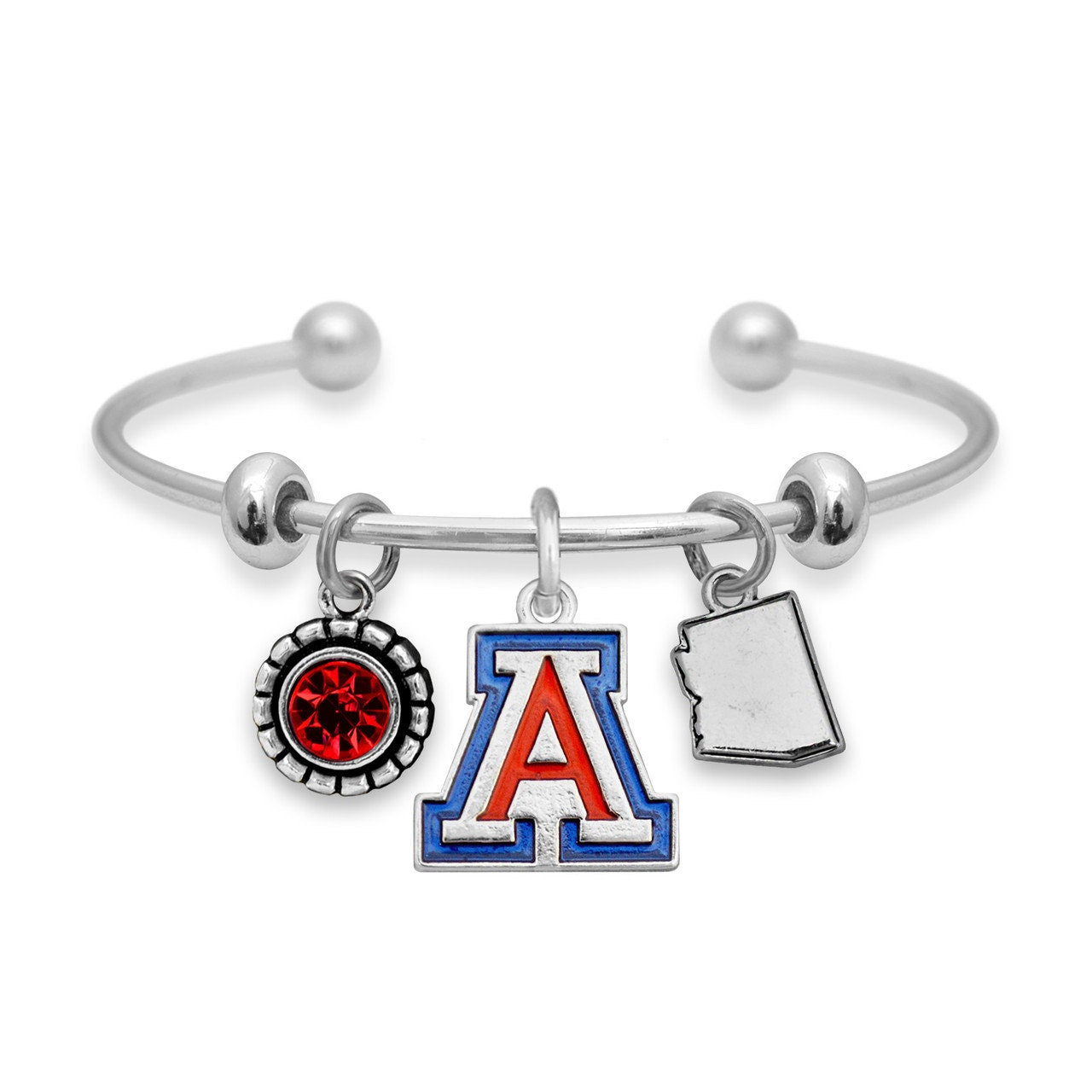 Officially Licensed ARIZONA WILDCATS Bracelet - Triple Charm Bracelet with Crystal Arizona State Pewter Charms Sterling Plated