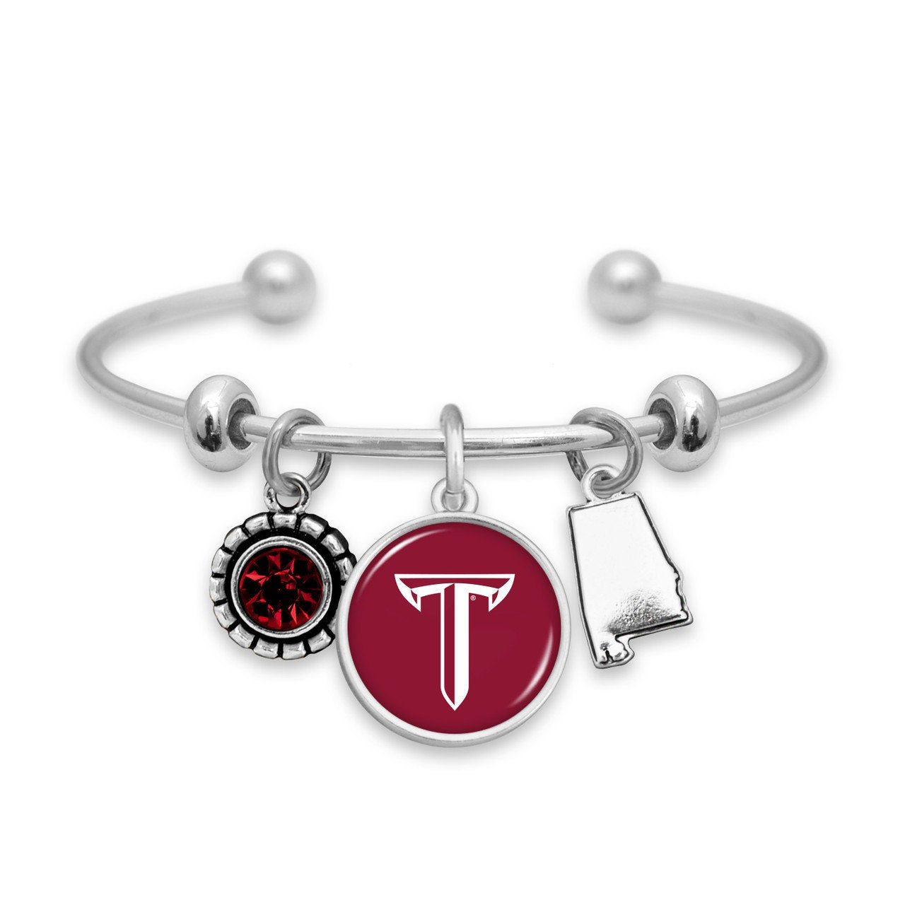 Officially Licensed TROY TROJANS Bracelet - Triple Charm Bracelet with Crystal Alabama State Pewter Charms Sterling Plated