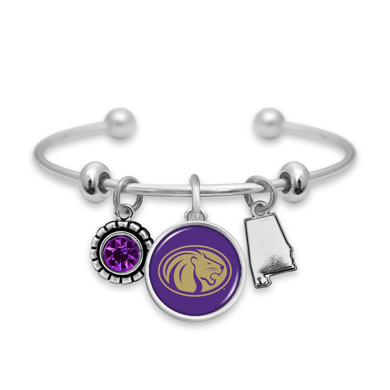 Officially Licensed NORTH ALABAMA LIONS Bracelet - Triple Charm Bracelet with Crystal Alabama State Pewter Charms Sterling Plated