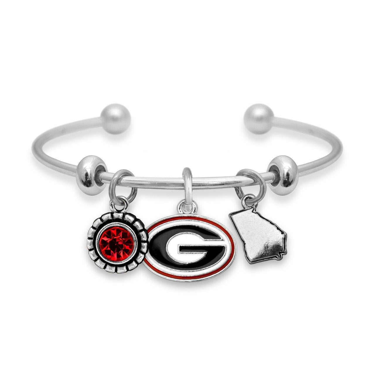 Officially Licensed GEORGIA BULLDOGS Bracelet - Triple Charm Bracelet with Crystal Georgia State Pewter Charms Sterling Plated