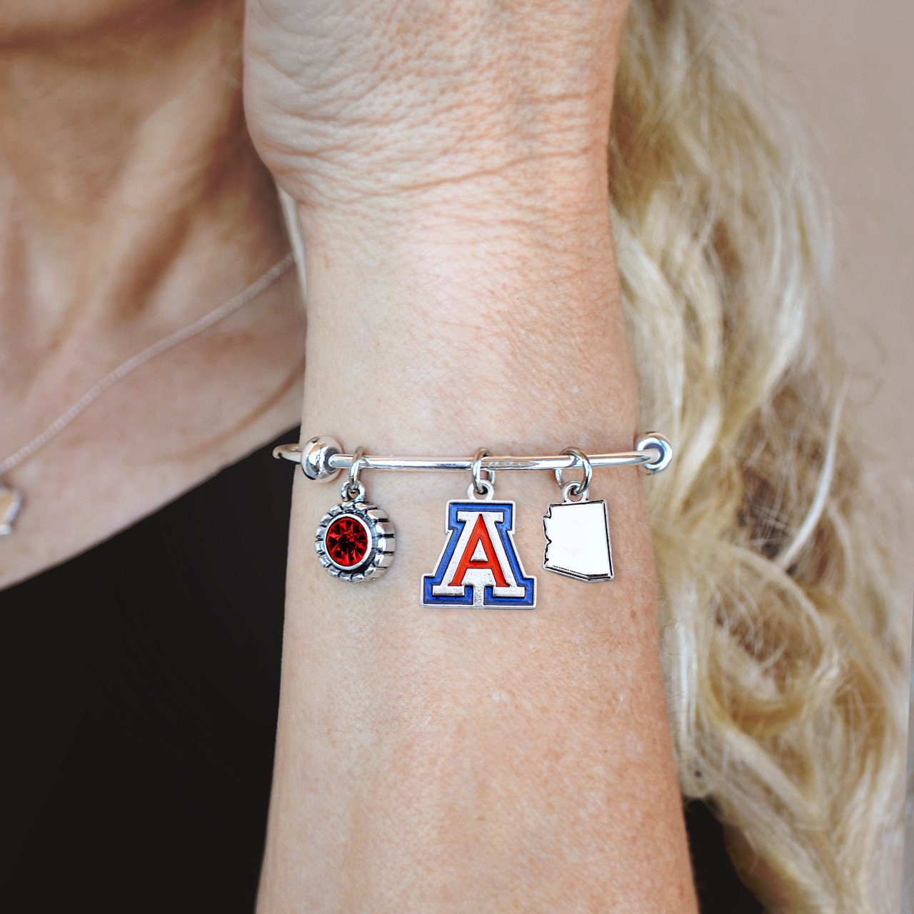 Officially Licensed ARIZONA WILDCATS Bracelet - Triple Charm Bracelet with Crystal Arizona State Pewter Charms Sterling Plated