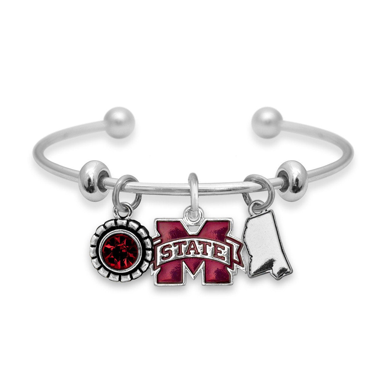 Officially Licensed MISSISSIPPI STATE BULLDOGS Bracelet - Triple Charm Bracelet with Crystal Mississippi State Pewter Charms Sterling Plated