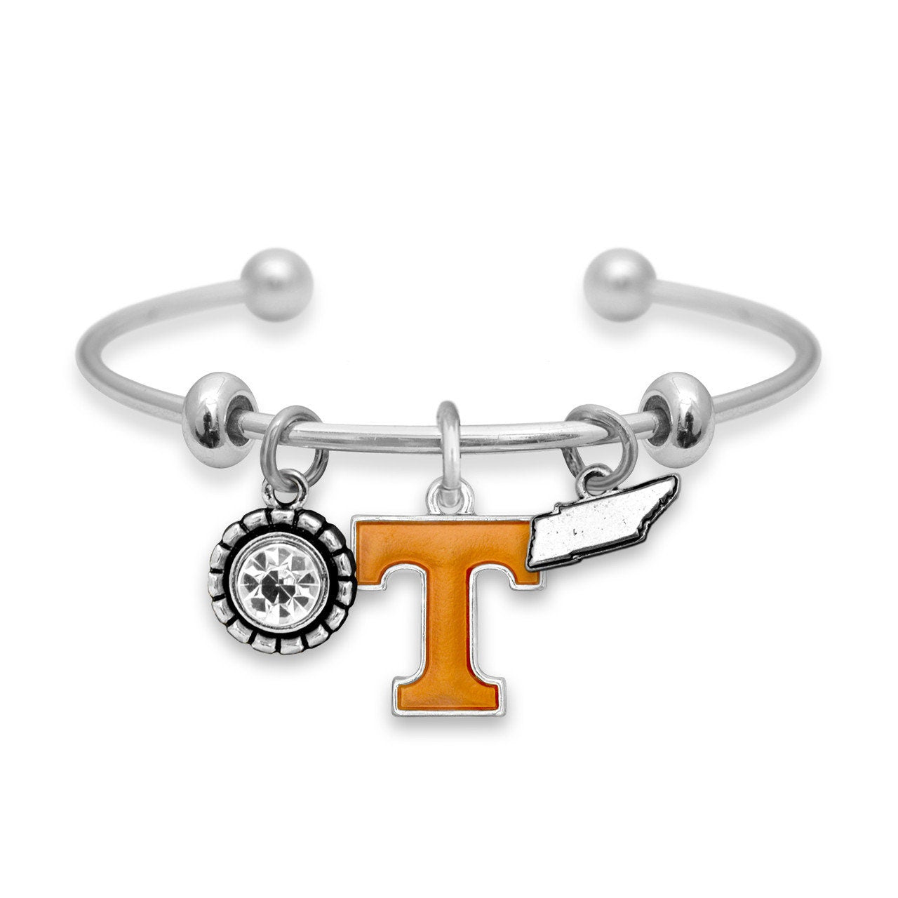 Officially Licensed TENNESSEE VOLS VOLUNTEERS Bracelet - Triple Charm Bracelet with Crystal Tennessee State Pewter Charms Sterling Plated