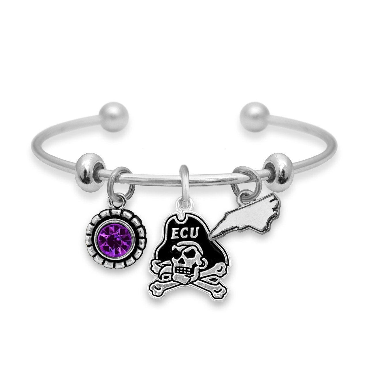 Officially Licensed EAST CAROLINA PIRATES Bracelet - Triple Charm Bracelet with Crystal North Carolina State Pewter Charms Sterling Plated