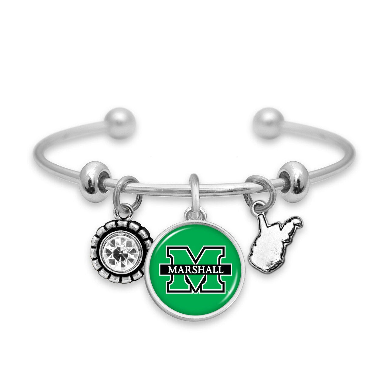 Officially Licensed MARSHALL THUNDERING HERD Bracelet - Triple Charm Bracelet with Crystal West Virginia State Pewter Charms Sterling Plated