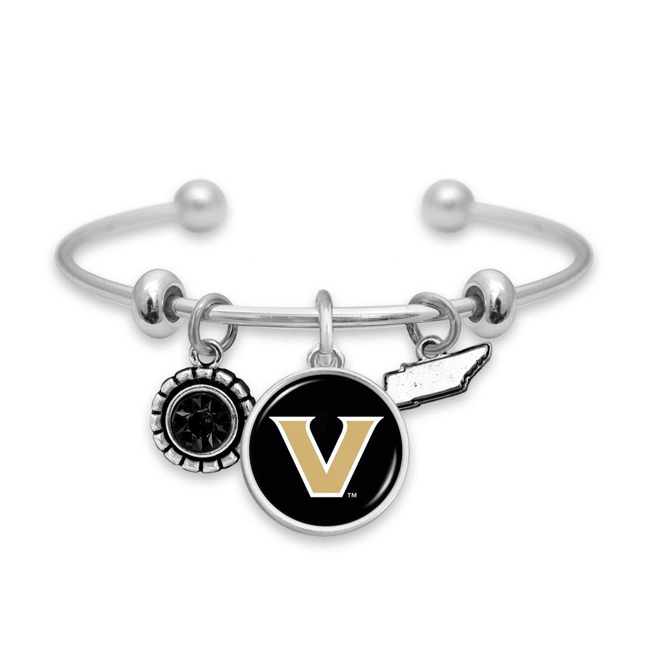 Officially Licensed VANDERBILT COMMODORES Bracelet - Triple Charm Bracelet with Crystal Tennessee State Pewter Charms Sterling Plated