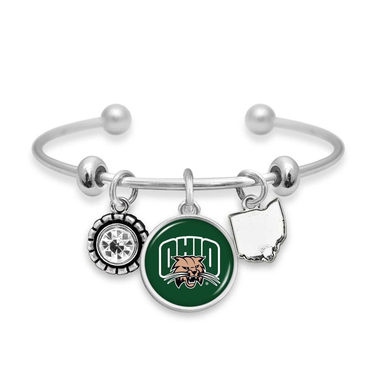 Officially Licensed OHIO BOBCATS Bracelet - Triple Charm Bracelet with Crystal Ohio State Pewter Charms Sterling Plated