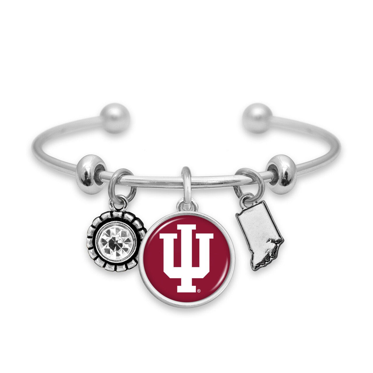 Officially Licensed INDIANA HOOSIERS Bracelet - Triple Charm Bracelet with Crystal Indiana State Pewter Charms Sterling Plated
