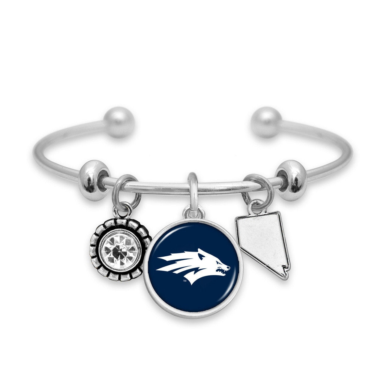 Officially Licensed NEVADA WOLF PACK Bracelet - Triple Charm Bracelet with Crystal Nevada State Pewter Charms Sterling Plated