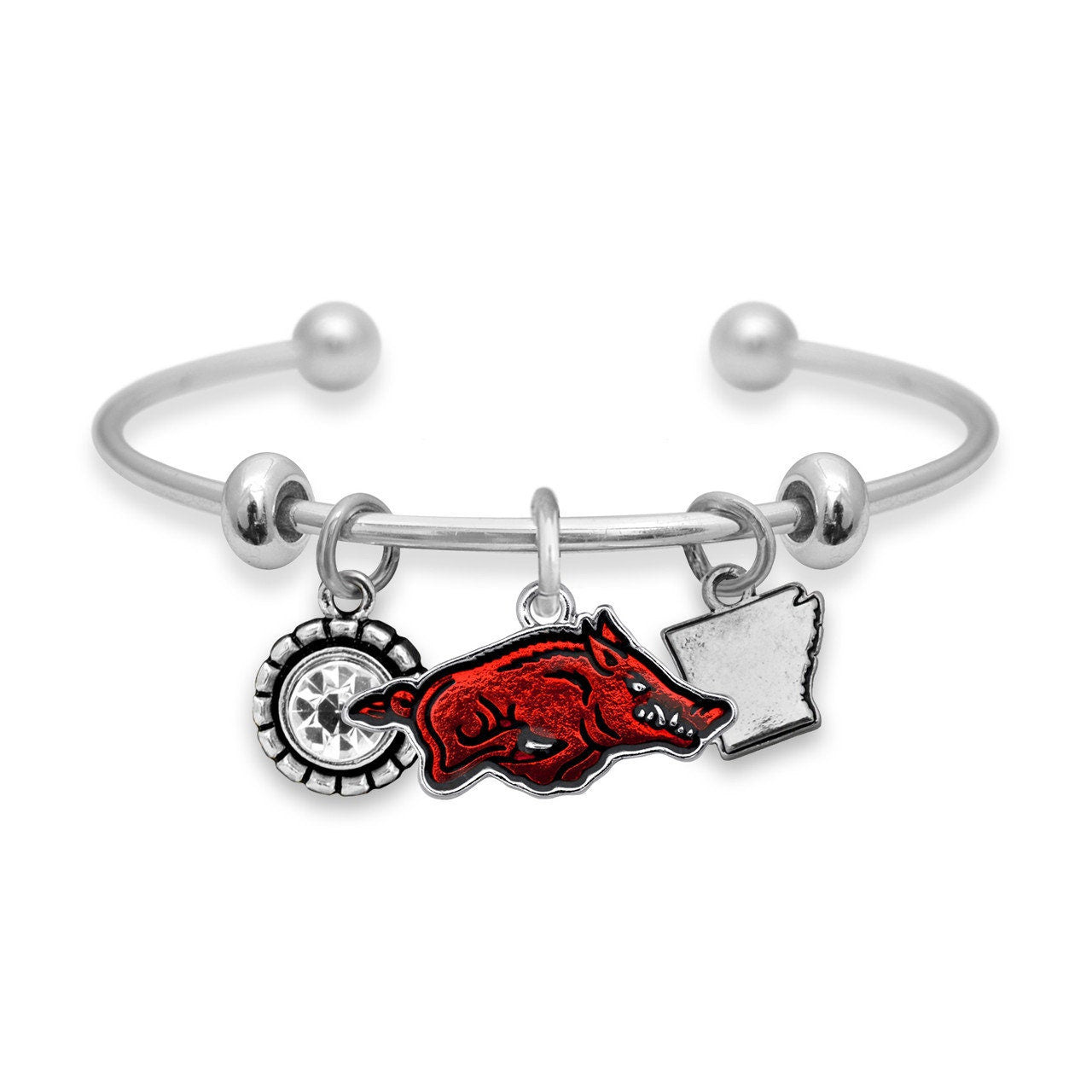 Officially Licensed ARKANSAS RAZORBACKS Bracelet - Triple Charm Bracelet with Crystal Arkansas State Pewter Charms Sterling Plated