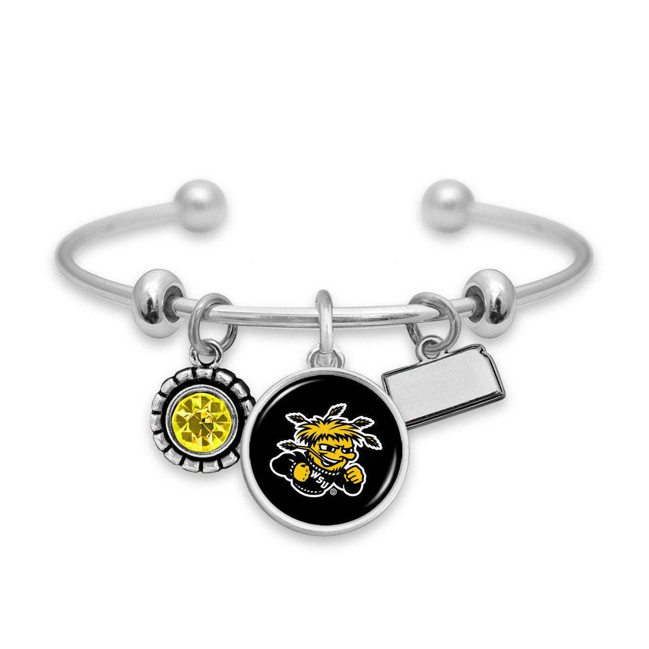 Officially Licensed WICHITA STATE SHOCKERS Bracelet - Triple Charm Bracelet with Crystal Kansas State Pewter Charms Sterling Plated